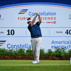 JACKSONVILLE, FLORIDA - OCTOBER 4: Miguel Angel Colin Montgomerie of Scotland plays from the 10th tee during the second round of the Constellation FURYK & FRIENDS 2025 at Timuquana Country Club on October 4, 2025 in Jacksonville, Florida. (Photo by Chris Condon/Getty Images)