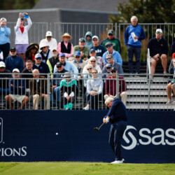 CARY, NC - OCTOBER 10: Colin Montgomerie of Scotland hits his tee shot on the first hole during the first round of the SAS Championship 2025 at Prestonwood Country Club on October 10, 2025 in Cary, North Carolina. (Photo by Justin Edmonds/Getty Images)