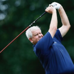THE WOODLANDS, TEXAS - MAY 4: Colin Montgomerie of Scotland tees off on the 11th hole during the first round of the Insperity Invitational at The Woodlands Golf Club on May 4, 2024 in The Woodlands, Texas. (Photo by Aaron M. Sprecher/Getty Images)