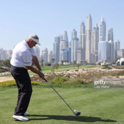 DUBAI, UNITED ARAB EMIRATES - JANUARY 27: Colin Montgomerie of Scotland plays his tee shot on the eighth hole during day one of the Slync.io Dubai Desert Classic at Emirates Golf Club on January 27, 2022 in Dubai, United Arab Emirates. (Photo by Luke Walker/Getty Images)