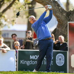 RABAT, MOROCCO - FEBRUARY 11: Colin Montgomerie of Scotland plays his tee shot on the 1st hole during the final round of the Trophy Hassan II at Royal Golf Dar Es Salam on February 11, 2023 in Rabat, Morocco. (Photo by Octavio Passos/Getty Images)