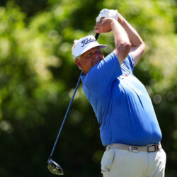 NEWPORT, RHODE ISLAND - JUNE 27: Colin Montgomerie of Scotland plays his shot on the third hole during the first round of the U.S. Senior Open Championship at Newport Country Club on June 27, 2024 in Newport, Rhode Island. (Photo by Brennan Asplen/Getty Images)