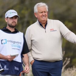 TUCSON, ARIZONA - MARCH 08: Colin Montgomerie of Scotland speaks with his caddie Jeff Brighton on the third hole during the first round of the Cologuard Classic at La Poloma Country Club on March 08, 2024 in Tucson, Arizona. (Photo by Christian Petersen/Getty Images)