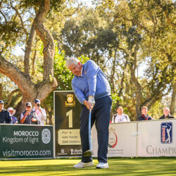 RABAT, MOROCCO - FEBRUARY 09: Colin Montgomerie of Scotland plays his tee shot on the 1st hole during the first round of the Trophy Hassan II at Royal Golf Dar Es Salam on February 9, 2023 in Rabat, Morocco. (Photo by Octavio Passos/Getty Images)