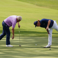MOROCCO - FEBRUARY 22: (L-R) Colin Montgomerie of Scotland and Miguel Angel Jimenez of Spain check on a small detail on the 7th green during the first round of the Trophy Hassan II at Royal Golf Dar Es Salam on February 22, 2024 in Rabat. (Photo by Phil Inglis/Getty Images)