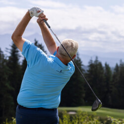 SNOQUALMIE, WA - AUGUST 19: Colin Montgomerie plays his shot from the 14th tee prior to the Boeing Classic at The Club at Snoqualmie Ridge on August 19, 2021 in Snoqualmie, Washington. (Photo by James Gilbert/PGA TOUR via Getty Images)