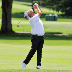 AKRON, OHIO - JULY 11: Colin Montgomerie of Scotland hits an approach shot on the ninth hole during the first round of the Kaulig Companies Championship at Firestone Country Club on July 11, 2024 in Akron, Ohio. (Photo by Mike Mulholland/Getty Images)