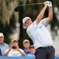 PONTE VEDRA BEACH - OCTOBER 08: Colin Montgomerie of Scotland tees off on the first hole during the first round of the PGA TOUR Champions Constellation FURYK & FRIENDS presented by Circle K at Timuquana Country Club on October 8, 2021 in Jacksonville, Florida. (Photo by Ben Jared/PGA TOUR via Getty Images)