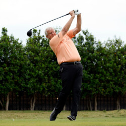 IRVING, TEXAS - APRIL 22: Colin Montgomerie of Scotland hits a tee shot on the fifth hole during the second round of the Invited Celebrity Classic at Las Colinas Country Club on April 22, 2023 in Irving, Texas. (Photo by Tim Heitman/Getty Images)