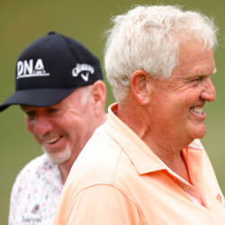 BIRMINGHAM, ALABAMA - MAY 12: Rod Pampling of Australia and Colin Montgomerie of Scotland joke on the first green during the second round of the Regions Tradition at Greystone Golf and Country Club on May 12, 2023 in Birmingham, Alabama. (Photo by Alex Slitz/Getty Images)