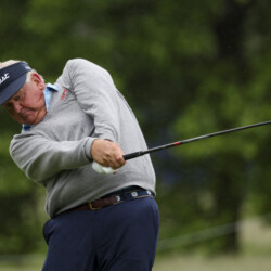 BETHESDA, MARYLAND - MAY 22: Colin Montgomerie of Scotland hits a tee shot on the ninth hole during the first round of the Senior PGA Championship 2025 at Congressional Country Club on May 22, 2025 in Bethesda, Maryland. (Photo by Mike Mulholland/Getty Images)