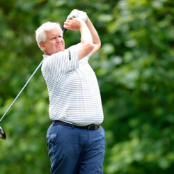 DULUTH, GEORGIA - MAY 07: Colin Montgomerie of Scotland watches his tee shot on the second hole during the final round of the Mitsubishi Electric Classic at TPC Sugarloaf Golf Course on May 07, 2023 in Duluth, Georgia. (Photo by Alex Slitz/Getty Images)